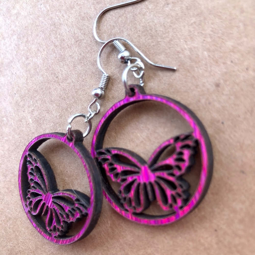Handmade Laser Cut Butterfly Wooden Dangle Earrings - Picture 1 of 3